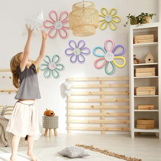 5 Pcs Daisy Flower Wall Decor 3 Size Woven Floral Art Wall Hanging Supply for Boy Girl Multicolors Bohemian Home Bedroom Room Decorations