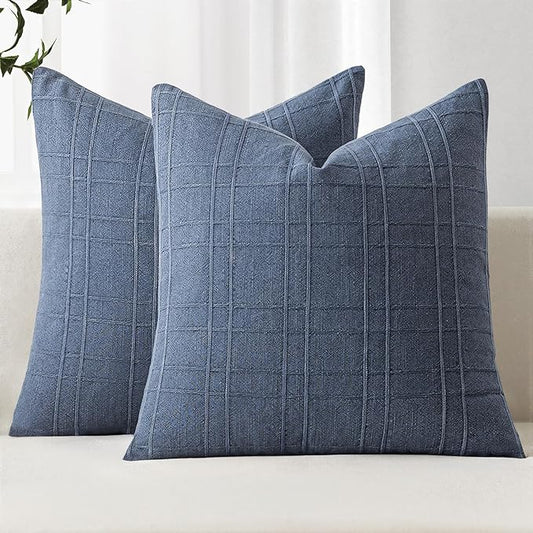 Decorative Linen Check Throw Pillow Covers Neutral Farmhouse Vintage Pillow Covers 20x20 Inch Set of 2 Boho Modern Home Decor for Sofa Couch Bedroom Cushion Chair Blue